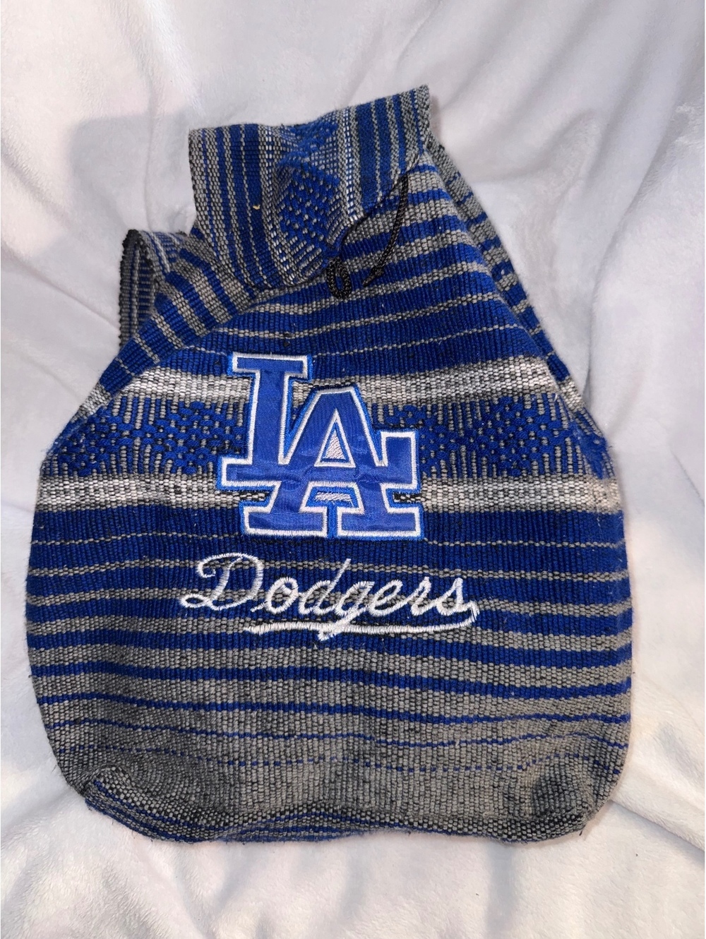 Los Angeles Dodgers Blue and Gray Striped Knit Backpack Drawstring Knapsack